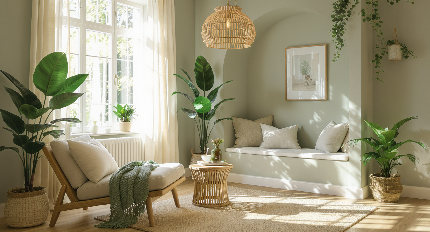 A cozy, sunlit room with a reading nook, flexible seating, natural textiles, plants, and light oak floors, designed for wellness and relaxation.