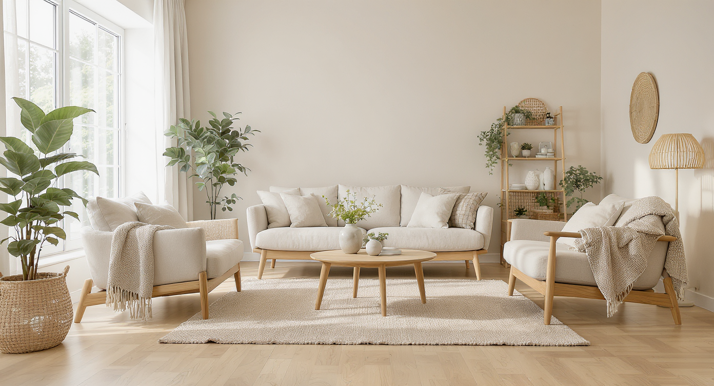 A sunlit living room with FSC-certified wood floors, organic cotton fabrics, mineral-based painted walls, and natural wool textile accents.