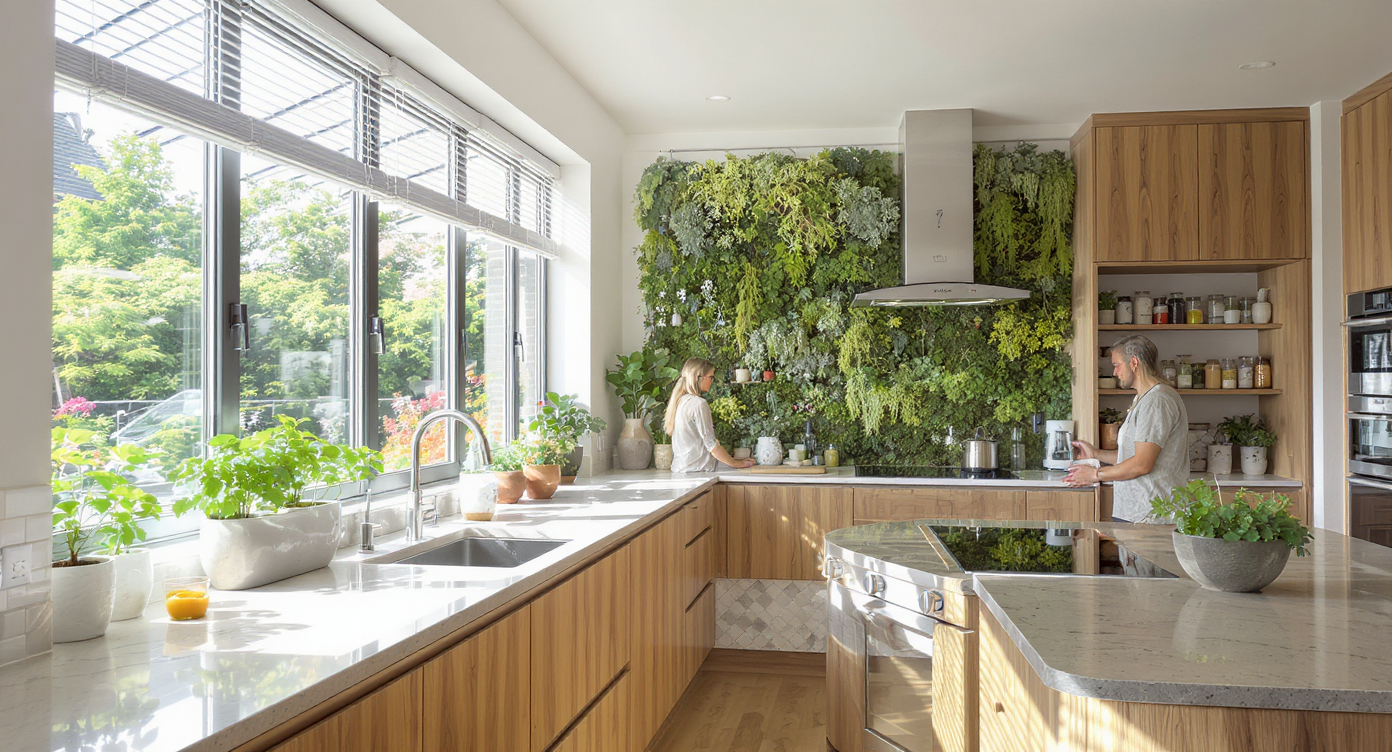 Modern kitchen with energy-efficient windows, solar panels outside, low-flow faucet, indoor herb garden, edible wall, and compost bin.