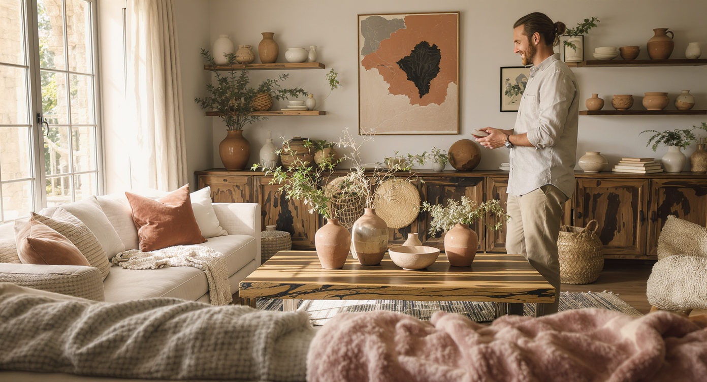 Living room with a reclaimed wood table, local handmade ceramics, woven baskets, and artisanal textiles. Soft natural light highlights earthy tones.
