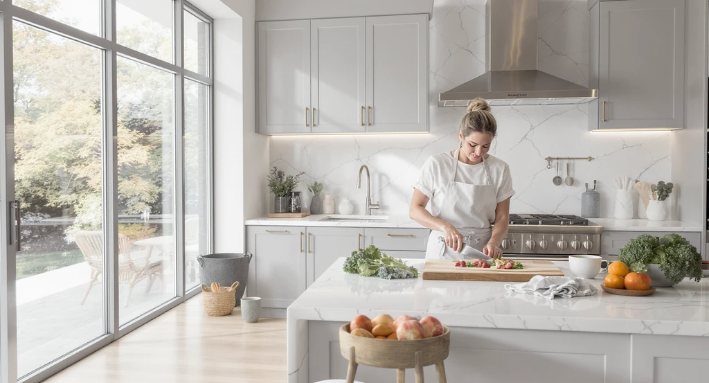A woman chopping vegetables at an ergonomic kitchen countertop, in a modern kitchen with natural lighting.