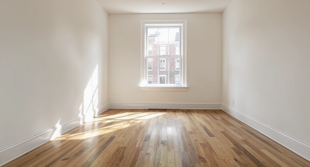 Empty Boston bedroom with original oak floors, tall white walls, and bright natural light flooding through a large window onto bare floors.