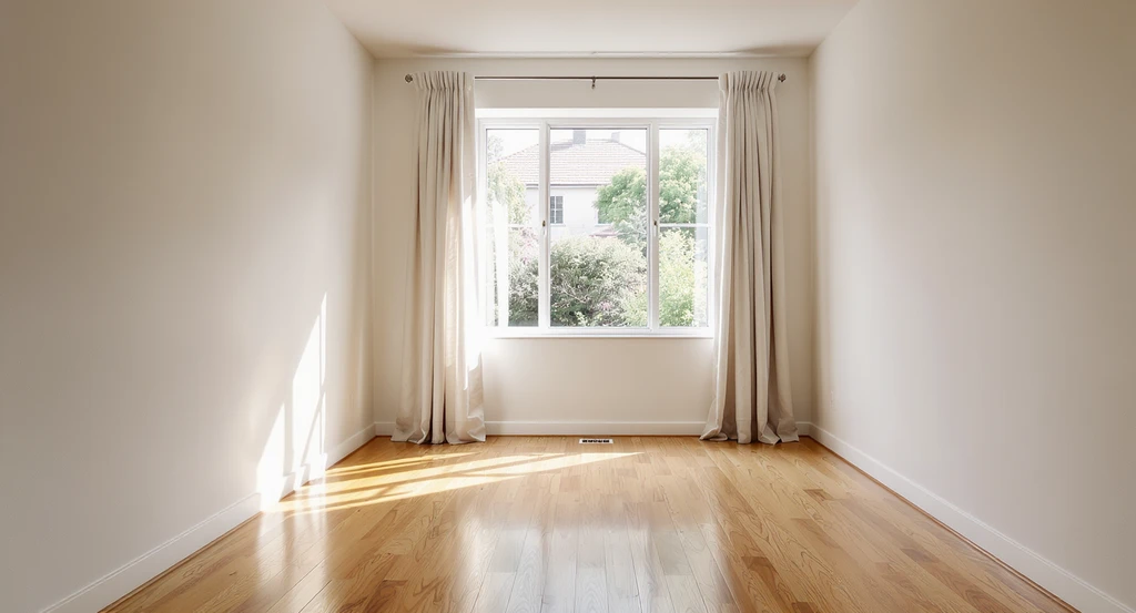 Empty bedroom with golden oak floors, white walls, high ceilings, and a wide window with neutral drapes letting in abundant daylight.