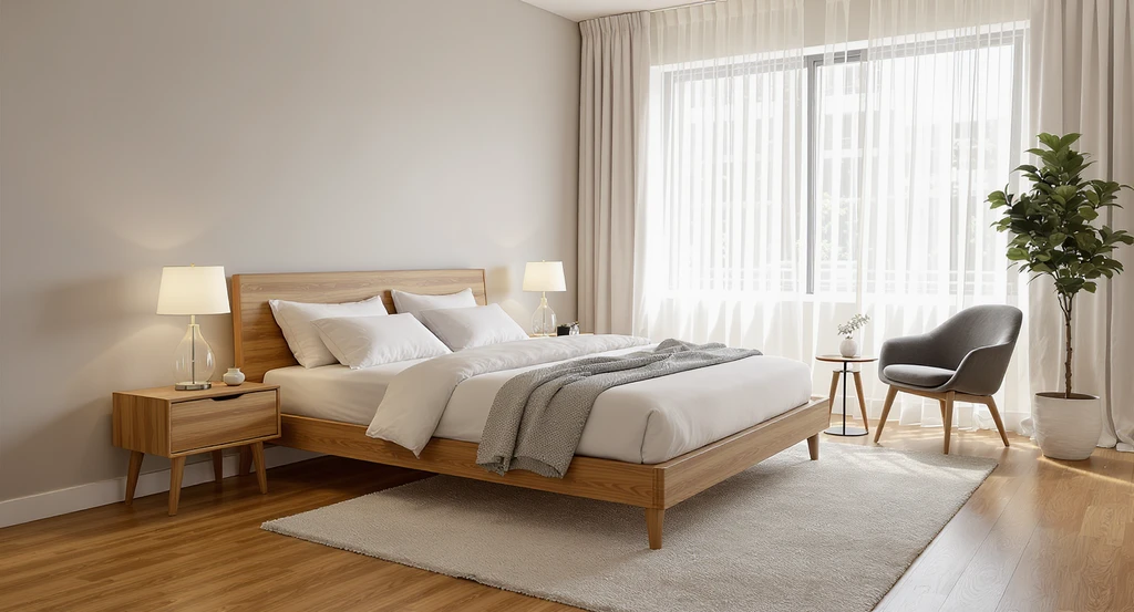 A modern bedroom with a low queen bed under a large window, twin nightstands, a big rug showing wood floors, and a reading chair in natural light.