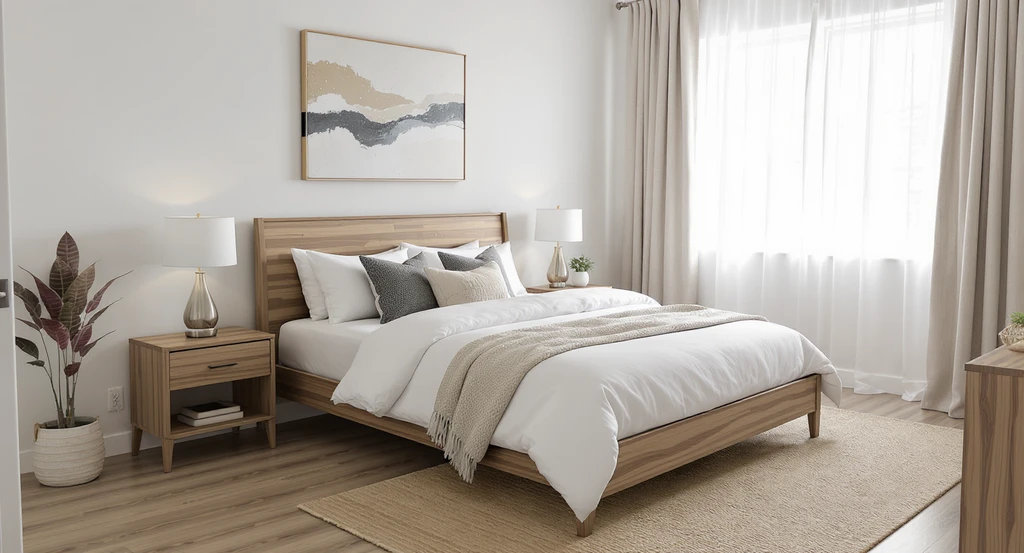 A cost-conscious, stylishly staged bedroom with a wooden bed, affordable decor, neutral colors, and natural light highlighting simple, cozy details.