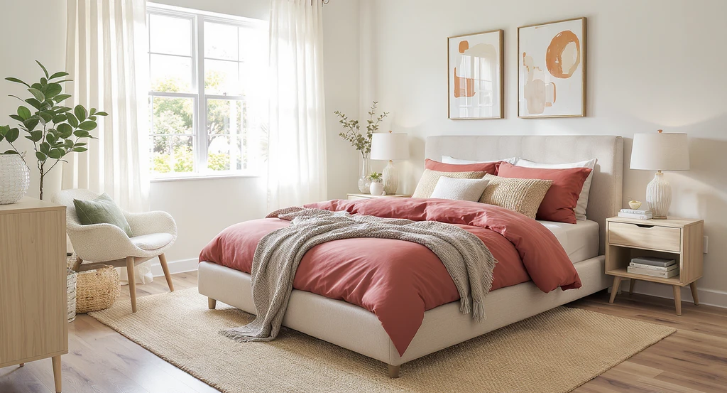 Modern bedroom featuring a beige linen queen bed, rust bedding, jute rug, boucle chair, wood side table, and abstract art in natural light.