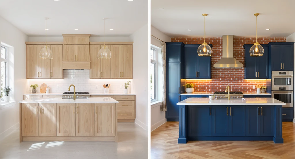 A split-view kitchen scene shows one side with plain cabinets and basic lighting, while the other features blue cabinetry, exposed brick, brass, and layered lighting.
