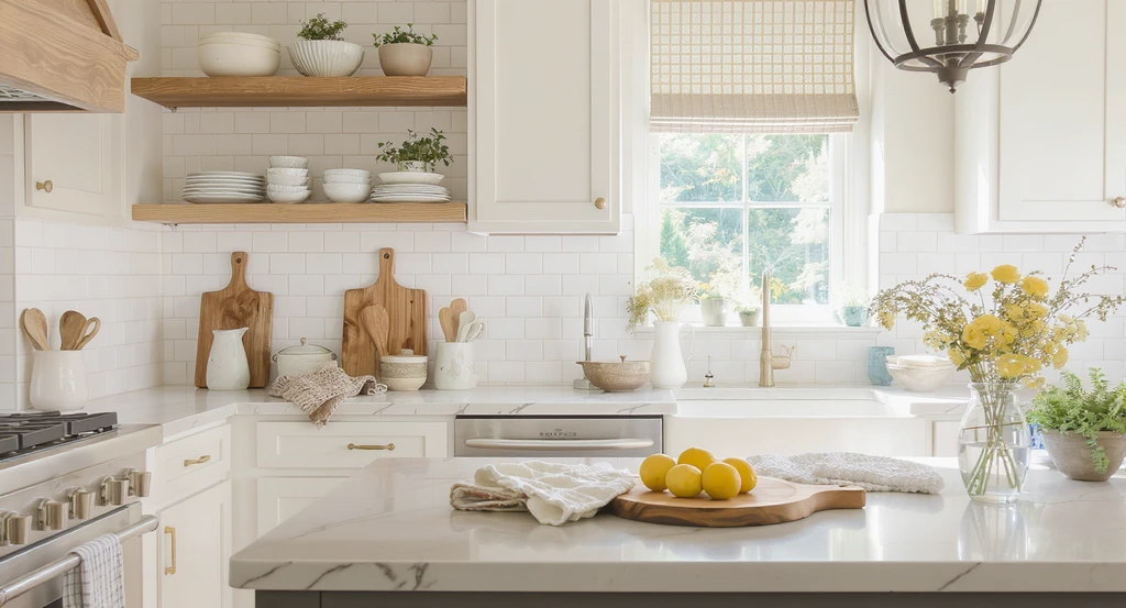 A sunlit, inviting kitchen with earthy cabinets, a woven rug, stacked ceramics on open shelves, and a ceramic pet bowl by the sink area.