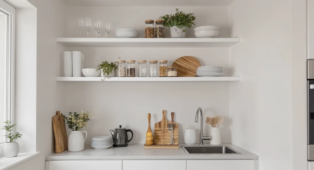 Open shelving kitchen in a small studio apartment, showing neatly organized daily essentials and glass storage containers in a light, cohesive palette.