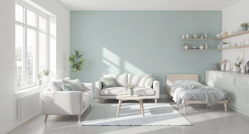 Studio apartment decor showcases expert small space ideas, featuring white walls, calm pastel accents, multifunctional furniture, and an open shelving kitchen to illustrate the best colors and zoning methods for studio living.