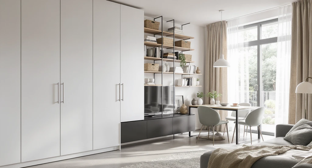Vertical storage and high-level shelving in a modern studio apartment maximize space, featuring tall wardrobes and open shelves above eye level for organized, clutter-free living in small spaces.