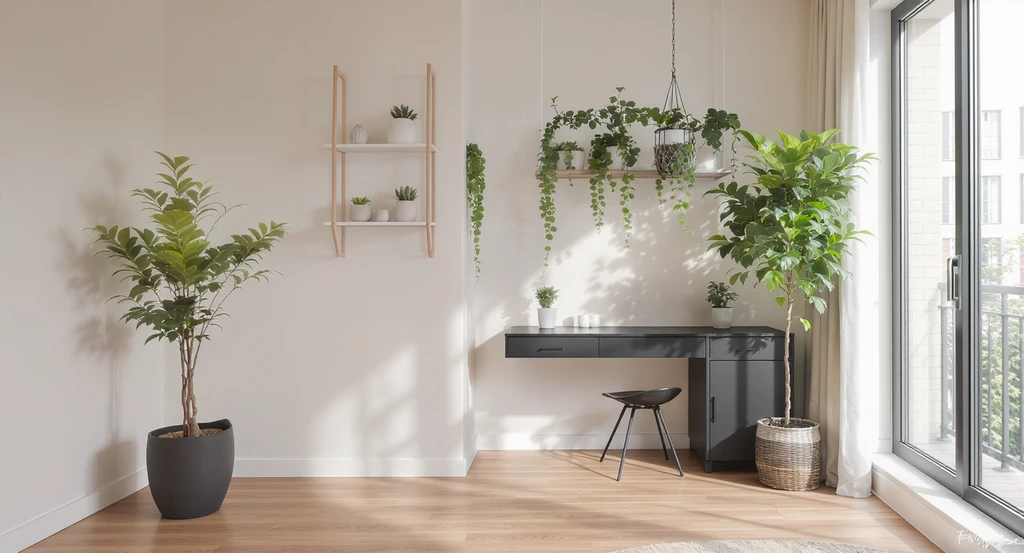 Studio apartment decor ideas for small spaces displayed with a slim potted tree, hanging planter, and succulents on open shelving under natural light.