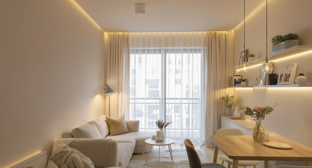 Studio apartment decor uses layered smart lighting with ceiling, lamp, and LED accent lights, sheer curtains, and mirrors for small space ambience.