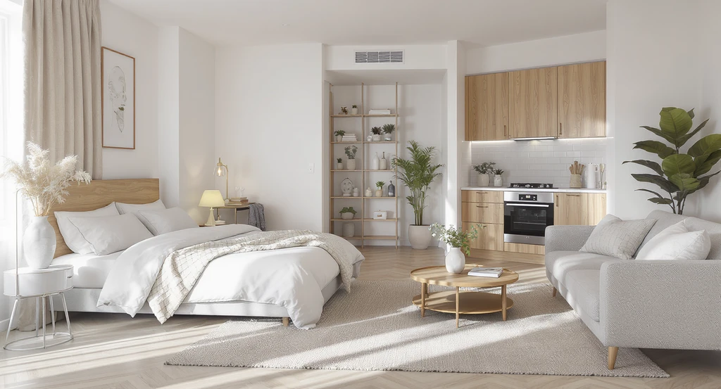 Modern studio apartment showing expert decor ideas for small spaces: defined zones, light colors, multifunctional furniture, and open shelving in the kitchen.
