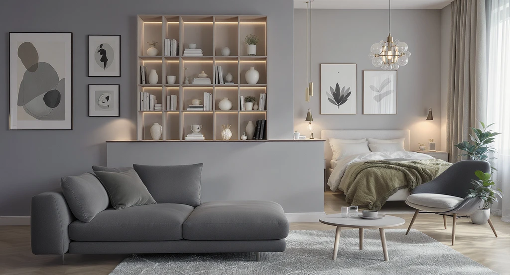 Studio apartment decor showing how to create zones in a studio apartment using a floated sofa, open shelving, and area rugs. Light colors and multifunctional furniture enhance small studio living.
