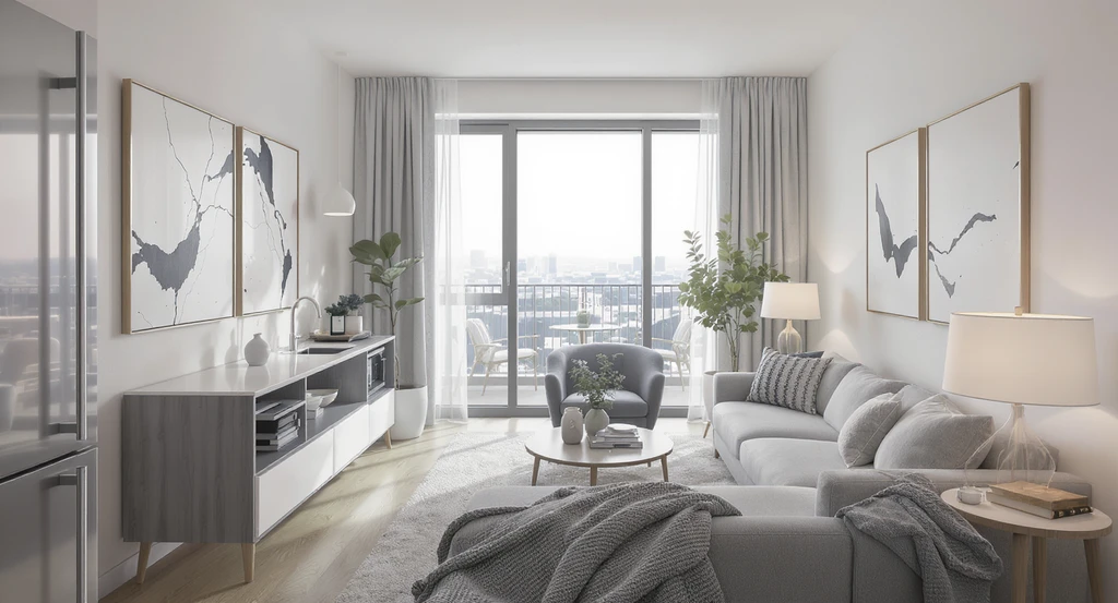 Modern studio apartment with multifunctional furniture, open shelving kitchen, defined living and bedroom zones, and best colors for small spaces.