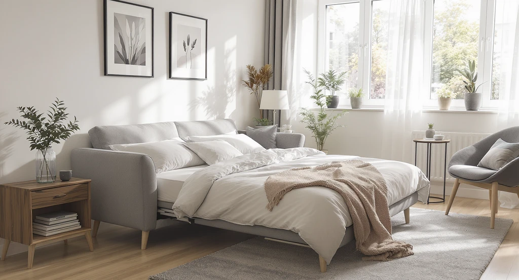 Multifunctional furniture in a sunlit studio apartment, including a sofa bed with storage, lift-top coffee table, Murphy bed, and open shelving kitchen ideas for small spaces.