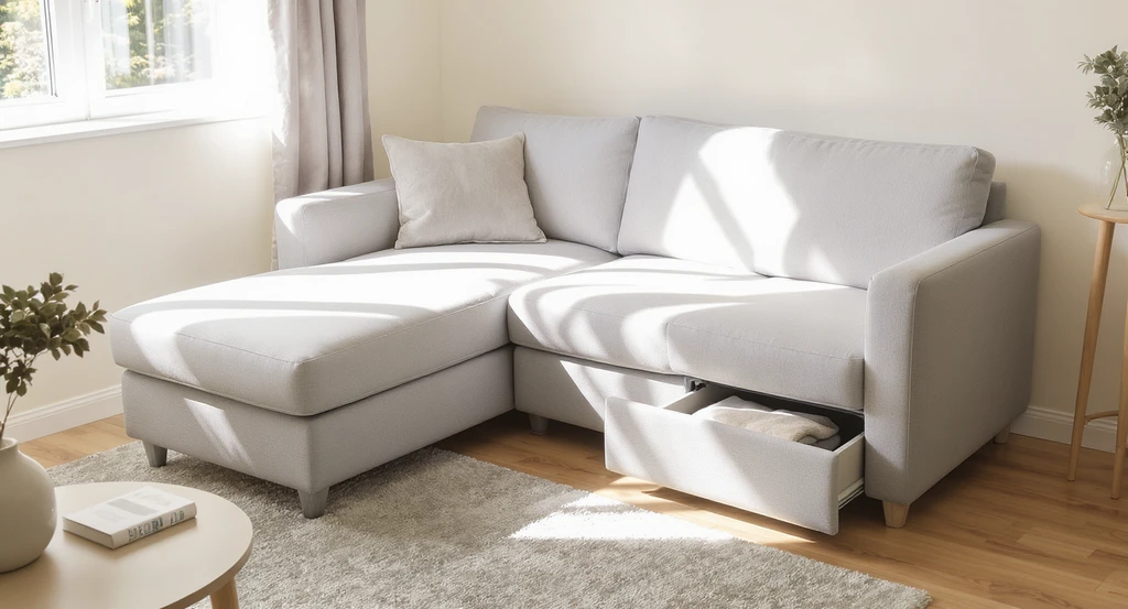 Compact L-shaped sectional sofa with slim arms and hidden storage in a small living room, showing the best sofa set for small living spaces and how to choose sofa size for small rooms.