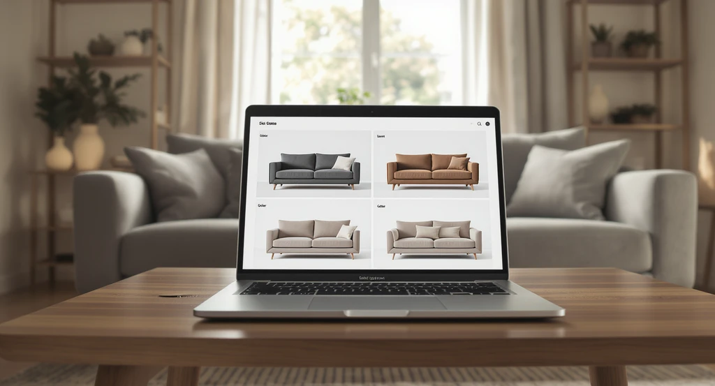 A small living room with a laptop on a coffee table showing different sofa layouts, illustrating best sofa set for small living room and tips for arranging sofas in small living rooms.