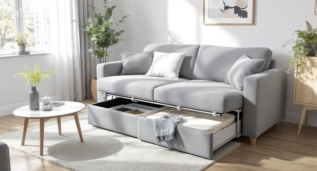 Multi-functional modern sofa bed, folded out in a compact living room with bedding storage open, showing best sofa set for small living room and tips for arranging sofas in small spaces.