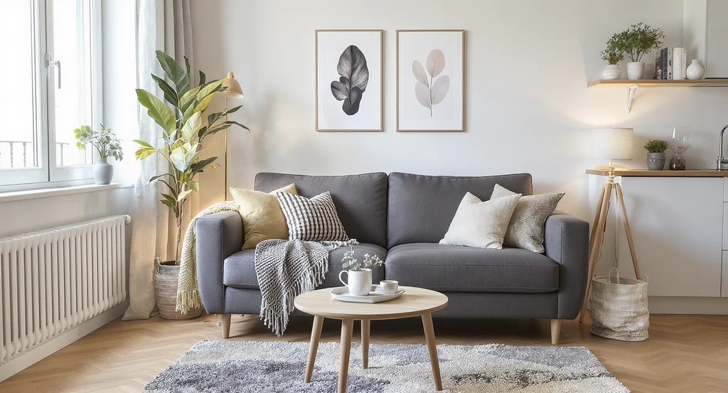 A small modern living room with a space-saving sofa set, styled to illustrate how to choose sofa size for small space and arrange furniture for compact apartments. The scene highlights tips for arranging sofas in small living rooms and shows sofa styles that make rooms look bigger, featuring multi-functional sofas for compact apartments.