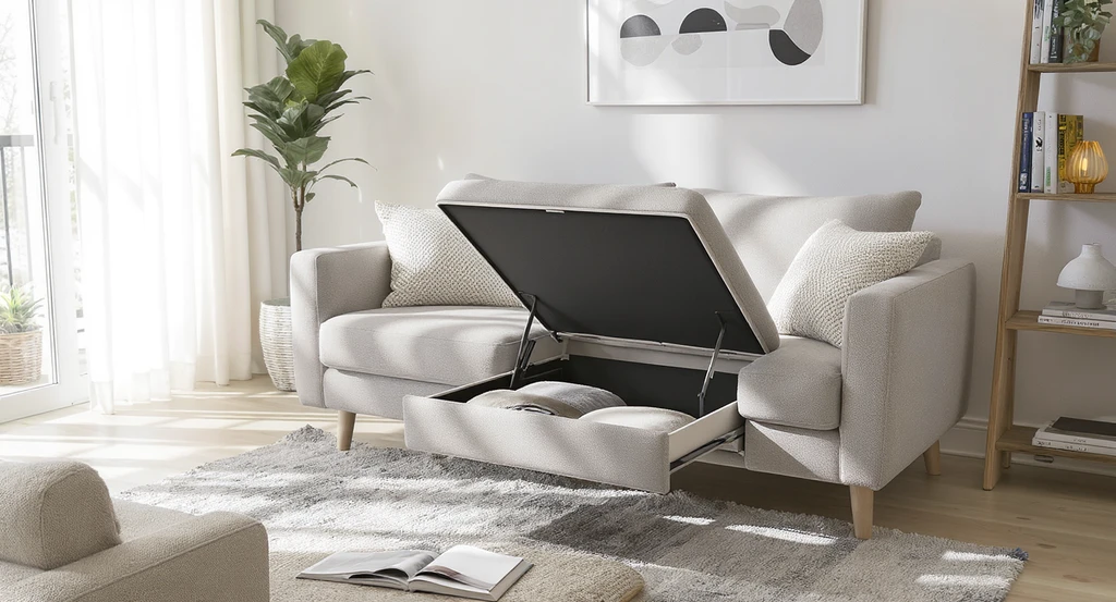 Modern loveseat with hidden storage compartment open, showing blankets and books, demonstrating the best sofa set for small living room and tips for arranging sofas in small spaces with multi-functional design.