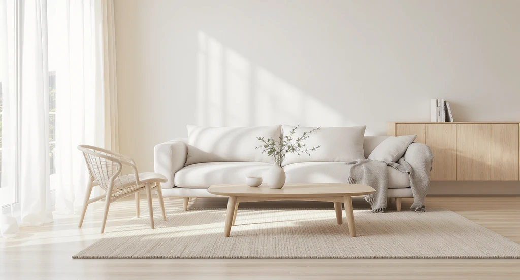 Photorealistic Japandi living room visualized with AI, featuring minimalist low-profile furniture and airy spacing for serene, functional style.