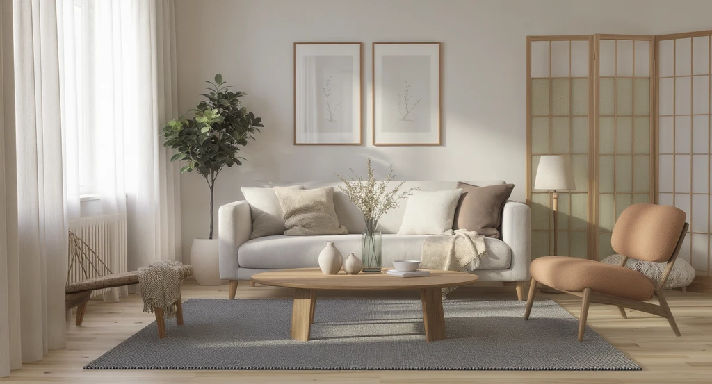 Minimalist Japandi living room visualized with AI-powered interior design tools, featuring Scandinavian and Japanese-inspired decor, neutral tones, and natural light for a serene, calming space.