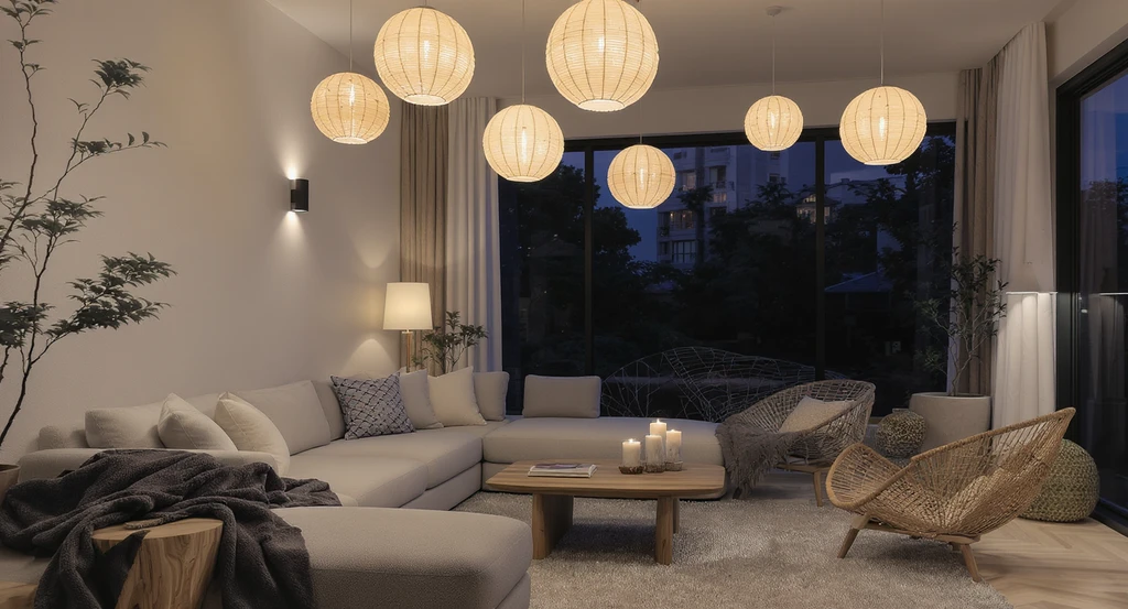 Japandi living room with layered lighting—rice paper lanterns, sconces, uplights, and candles—creating a serene, well-lit space. Ideal for ai-powered japandi interior design ideas, ai tools for japandi style rooms, and how to visualize japandi living rooms with ai.