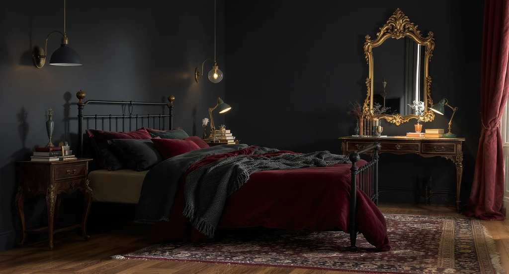 Dark academia bedroom decor idea showcasing a modern black bed frame with velvet bedding, vintage writing desk, baroque mirror, and moody color palette.