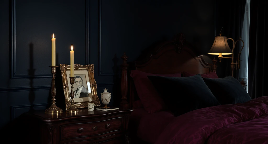Warm gold and brass candlesticks, a sculptural brass lamp, and antiqued frame add vintage elegance to a moody dark academia bedroom with rich fabrics.
