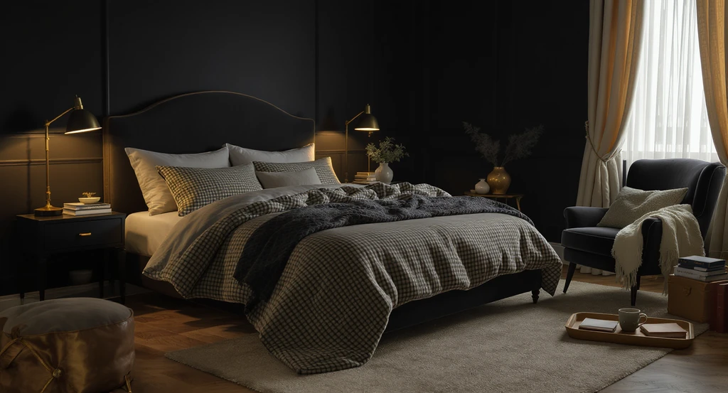Moody dark academia bedroom with a soft brown rug, gingham pillows, layered bedding, cream throws, and warm lighting for a cozy ambiance.