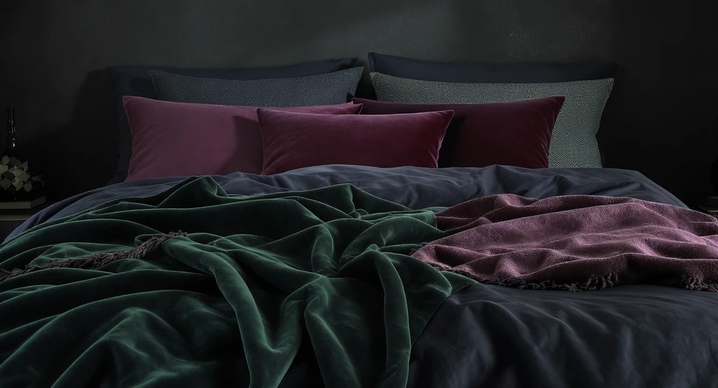 Dark academia bedroom decor idea featuring a bed layered with velvet, tweed, and wool in rich moody color palettes for bedrooms, ideal vintage-inspired look.