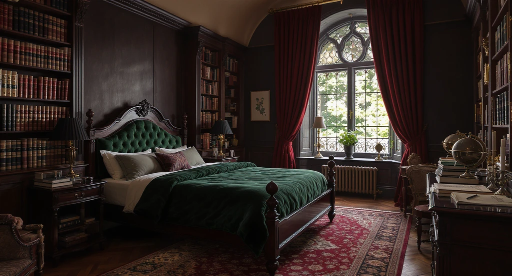 Photorealistic dark academia bedroom featuring vintage decor, velvet bedding, moody color palettes, rich fabrics, and classic wood accents in a cozy, lived-in setting.