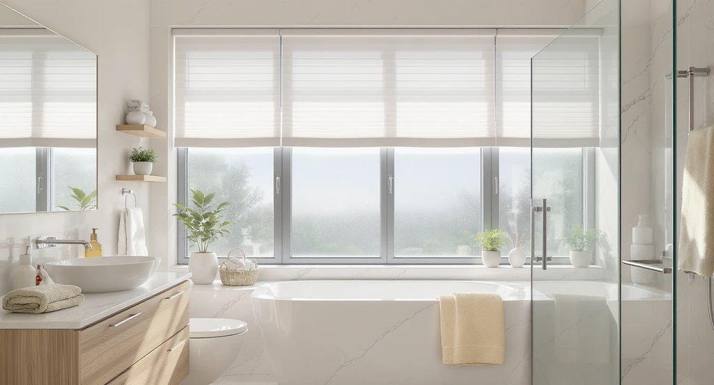 Elegant modern bathroom with soft neutral color blinds filtering natural light, illustrating best color choices for bathroom blinds and how to match blinds with bathroom décor for cohesive, light-filled spaces.