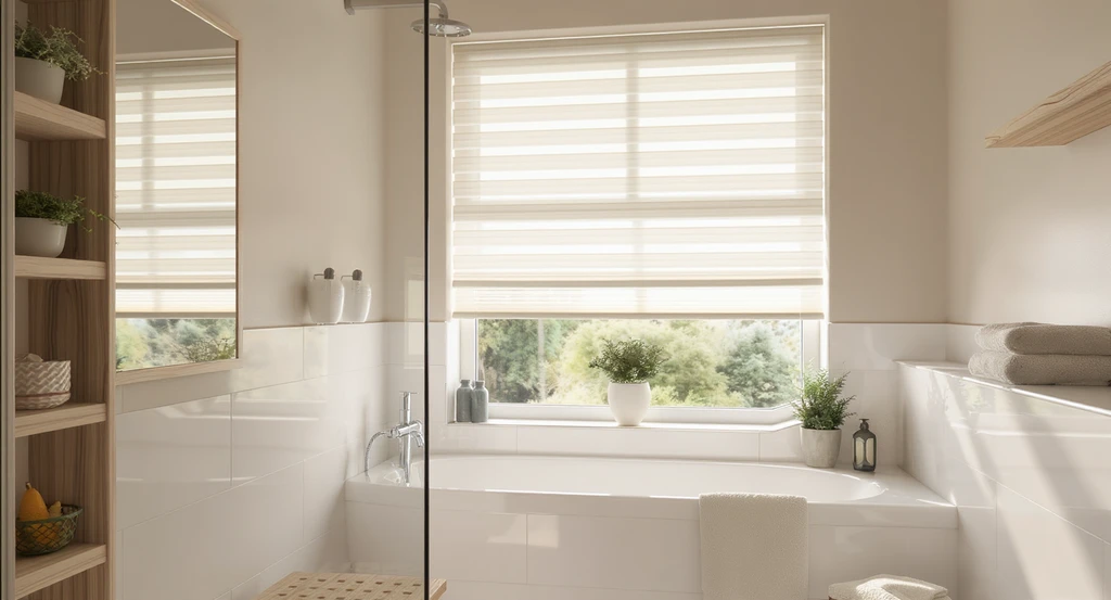 Best color choices for bathroom blinds shown in a small bathroom with creamy-white, translucent blinds matching modern decor—an ideal example of how to match blinds with bathroom decor and bathroom blind color ideas for small spaces.