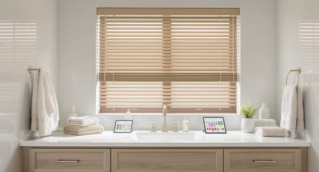 Moisture-resistant faux wood bathroom blinds beside digital tablets previewing blind color ideas for small spaces, matched with pastel tiles and white countertops.
