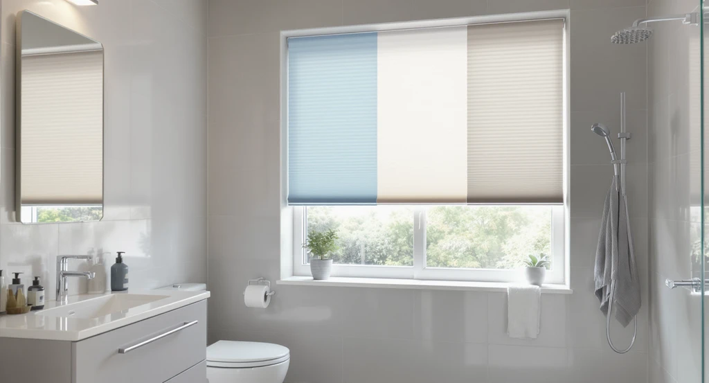 Modern bathroom with large window displaying multiple blind color swatches—white, beige, blue—showing best color choices for bathroom blinds and how to match blinds with bathroom decor, ideal for bathroom blind color ideas in small spaces.