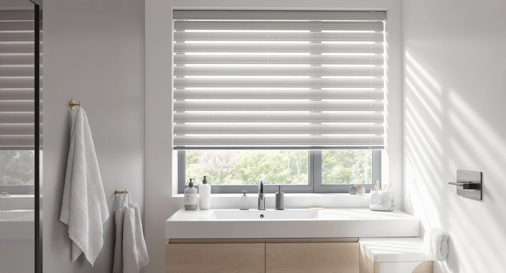Modern bathroom with light grey faux wood blinds matched to white and grey decor, chrome and matte black fixtures, and brushed brass accents. Best color choices for bathroom blinds and ideas for how to match blinds with bathroom decor are shown.