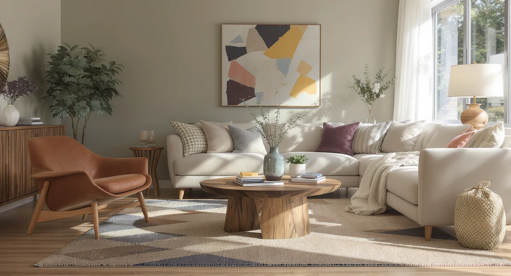 Living room with various furniture and rug samples, paint swatches, and fabric samples on display, showing how to visualize furniture in your room using tools for people who can't picture room changes. Editorial home design ai imagery demonstrating how to see rugs in your space before buying.