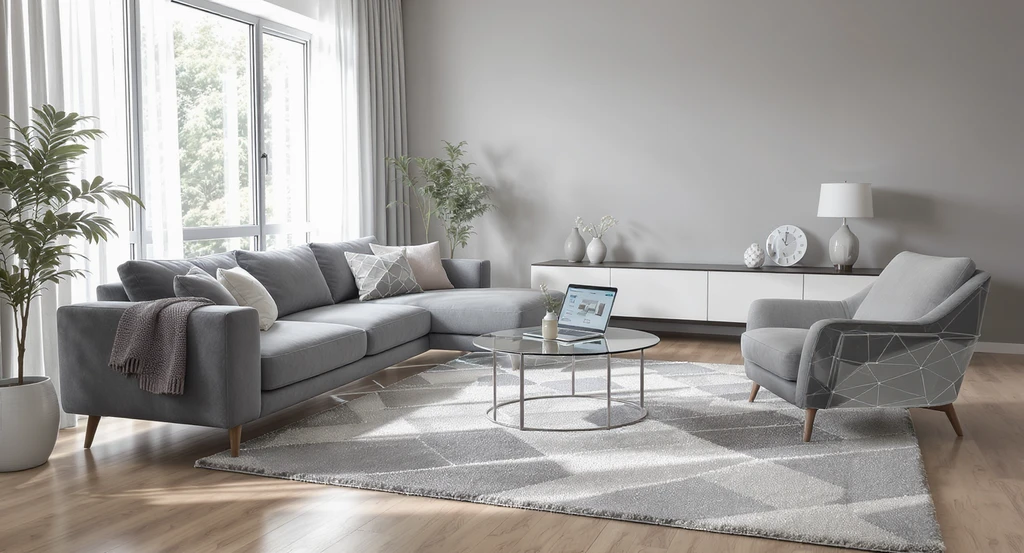 Photorealistic living room showing how to visualize furniture in your room using home design AI tools, with rugs previewed before buying.