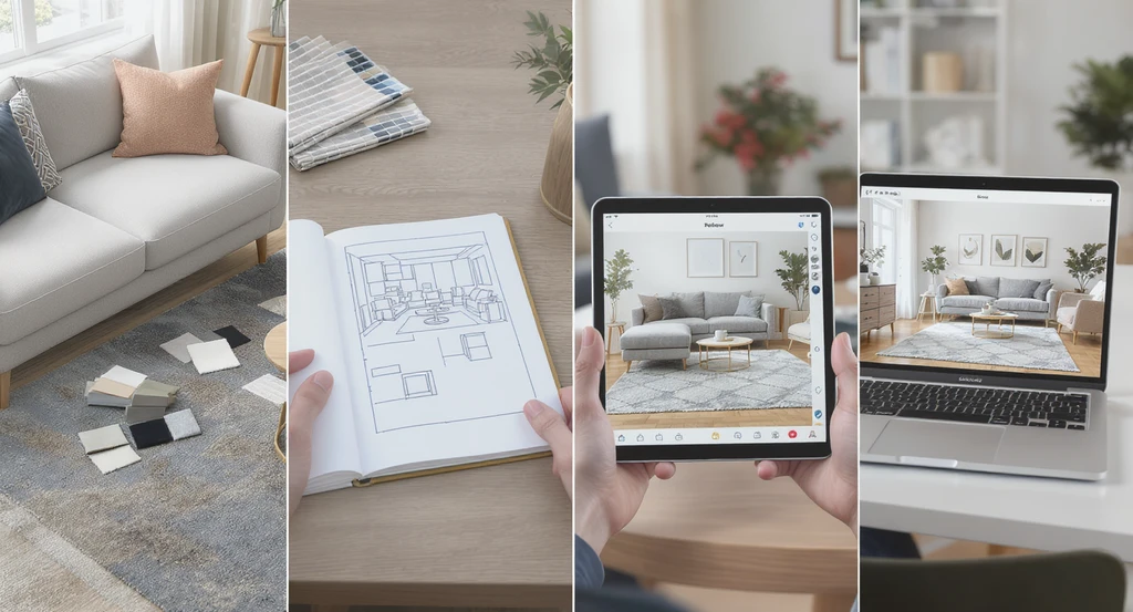 A modern living room staged with physical fabric and rug samples, a paper room sketch, an AR app on a tablet, and a photoreal AI tool on a laptop, showing how to visualize furniture in your room using various tools for people who can't picture room changes. Realistic materials, natural lighting, and accurate scale highlight home design AI and how to see rugs in your space before buying.