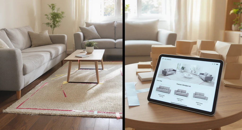 Sunlit living room showing physical furniture, taped outlines for rugs, cardboard cutouts, and a tablet running a home design ai app for how to visualize furniture in your room, tools for people who can't picture room changes, and how to see rugs in your space before buying.