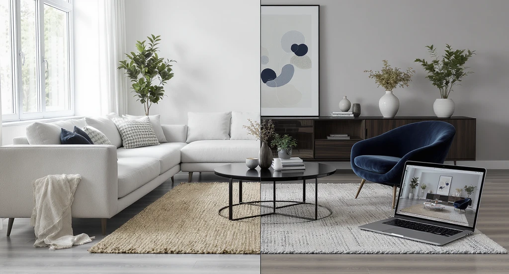 How to visualize furniture in your room using home design AI tools for people who can't picture room changes, showing a realistic before-and-after with furniture and rugs previewed before buying.