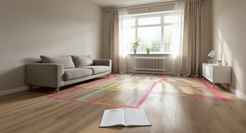 Editorial image showing an empty, open plan room with taped zones and a notepad listing functions—step by step guide to room design, how to furnish an empty room from scratch, and creative ideas for empty living room spaces.
