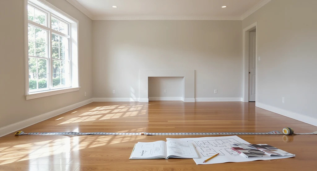 Step by step guide to room design with an empty living room, floor plan sketches, fabric swatches, and measuring tape for how to furnish an empty room from scratch and creative ideas for empty living room spaces.