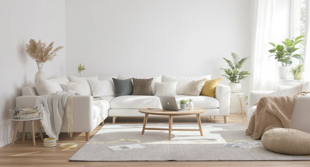 Step by step guide to room design using painter's tape outlines, a laptop with 3D floor planning software, and sketch tools to furnish an empty room from scratch. Creative ideas for empty living room spaces and transforming awkward layouts into functional spaces are showcased.