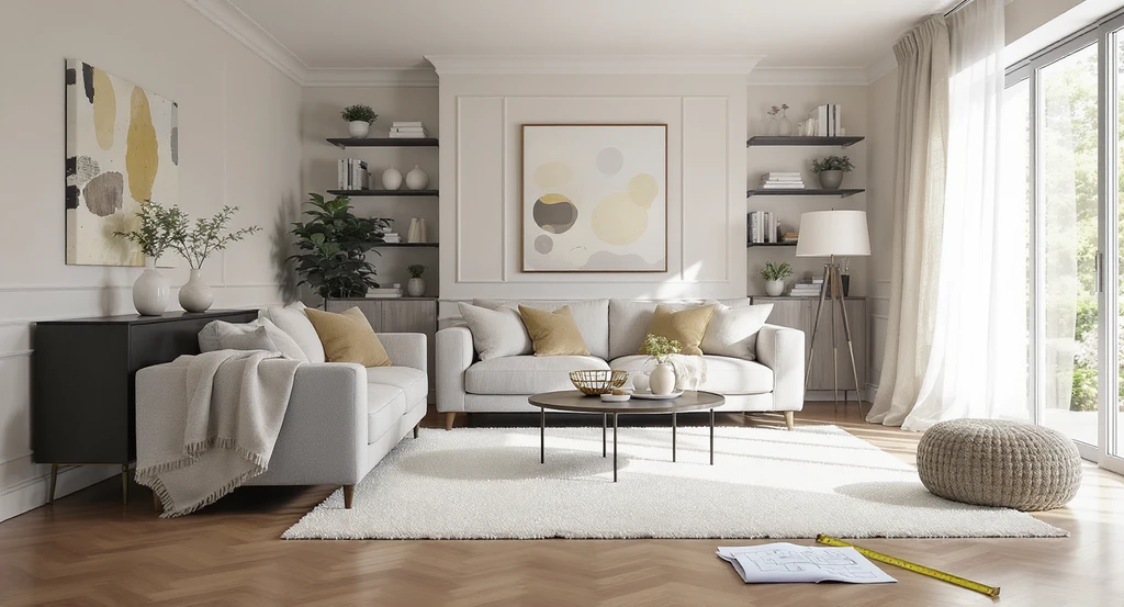 How to furnish an empty room from scratch: a realistic living room setup with new furniture, creative ideas for empty living space layouts, showing a step by step guide to room design and what furniture to buy for open plan rooms.