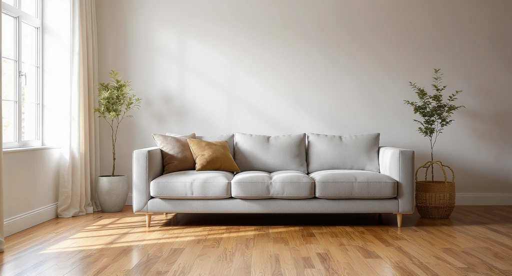 Photorealistic empty living room with only a large sofa centered as the anchor piece, illustrating how to furnish an empty room from scratch using creative ideas for empty living room spaces in a step by step guide to room design.