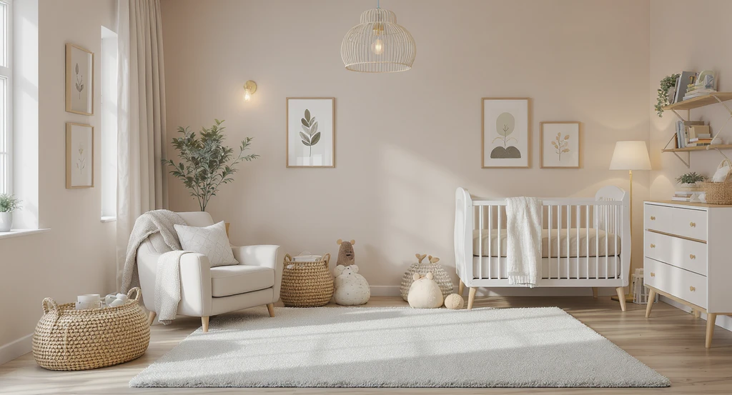 Contemporary nursery with plush rug, framed wall art, a mobile, and layered lighting—nursery essentials for new parents seeking a cozy nursery space. What is my nursery missing checklist visualized.